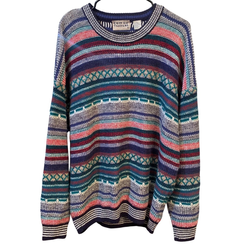 VTG‎ Cotton Traders Mens XL Multi Color Striped Geometric Knit Crewneck Sweater